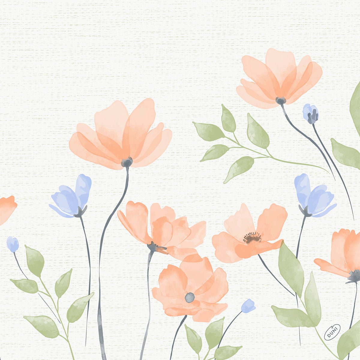 Akvarelová ilustrace oranžových a světle modrých květin se zelenými listy na štíhlých stoncích, před lehce strukturovaným pozadím, ideální pro Bio-Dunisoft-Serv od Duni GmbH. 40x40cm.
