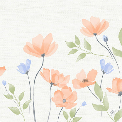 Akvarelová ilustrace oranžových a světle modrých květin se zelenými listy na štíhlých stoncích, před lehce strukturovaným pozadím, ideální pro Bio-Dunisoft-Serv od Duni GmbH. 40x40cm.