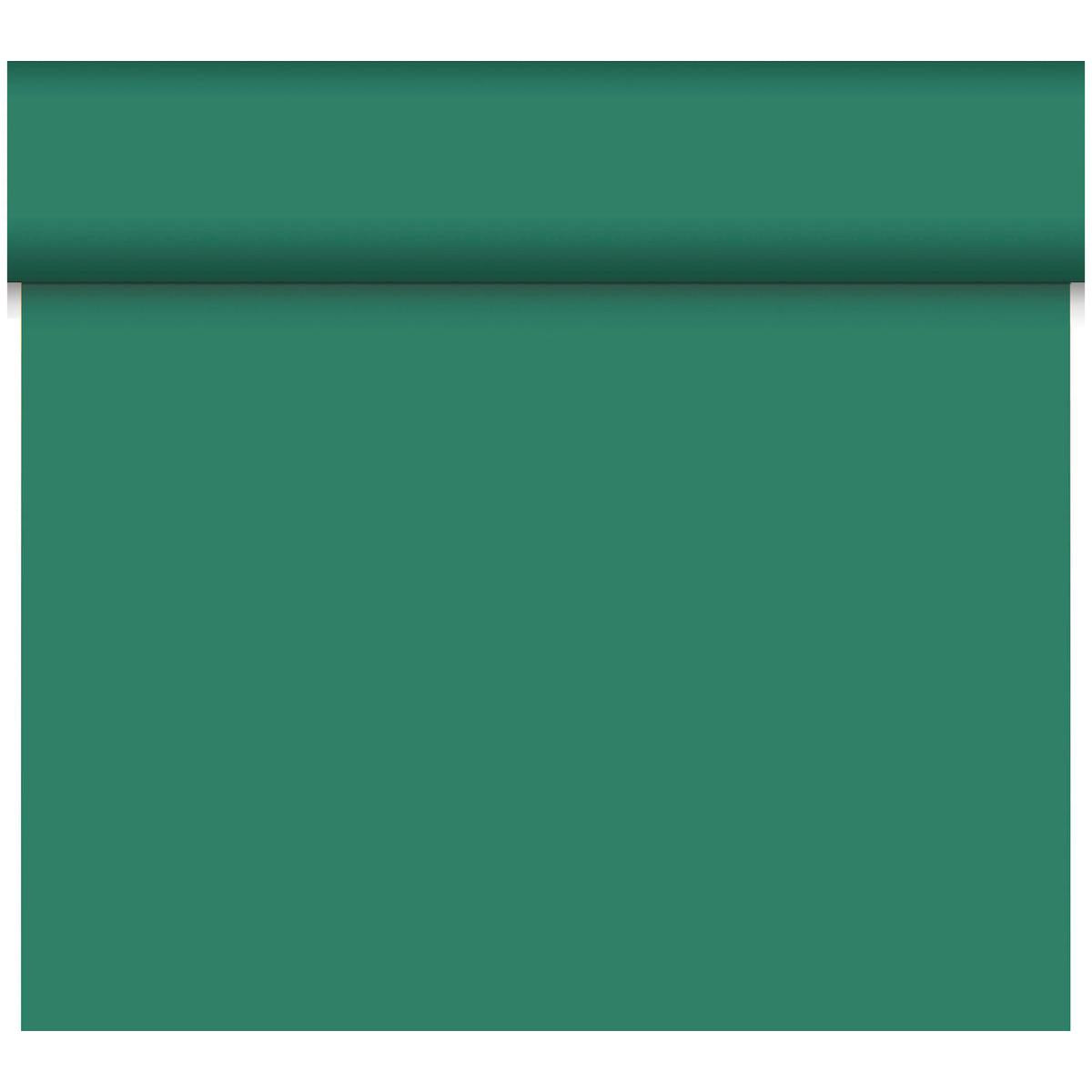 Ein teilweise ausgerolltes Bio-DC-Tete a Tete 0,4x24m von Duni GmbH zeigt seine solide grüne, biologisch abbaubare Oberfläche - perfekt für nachhaltige Dekorationen.