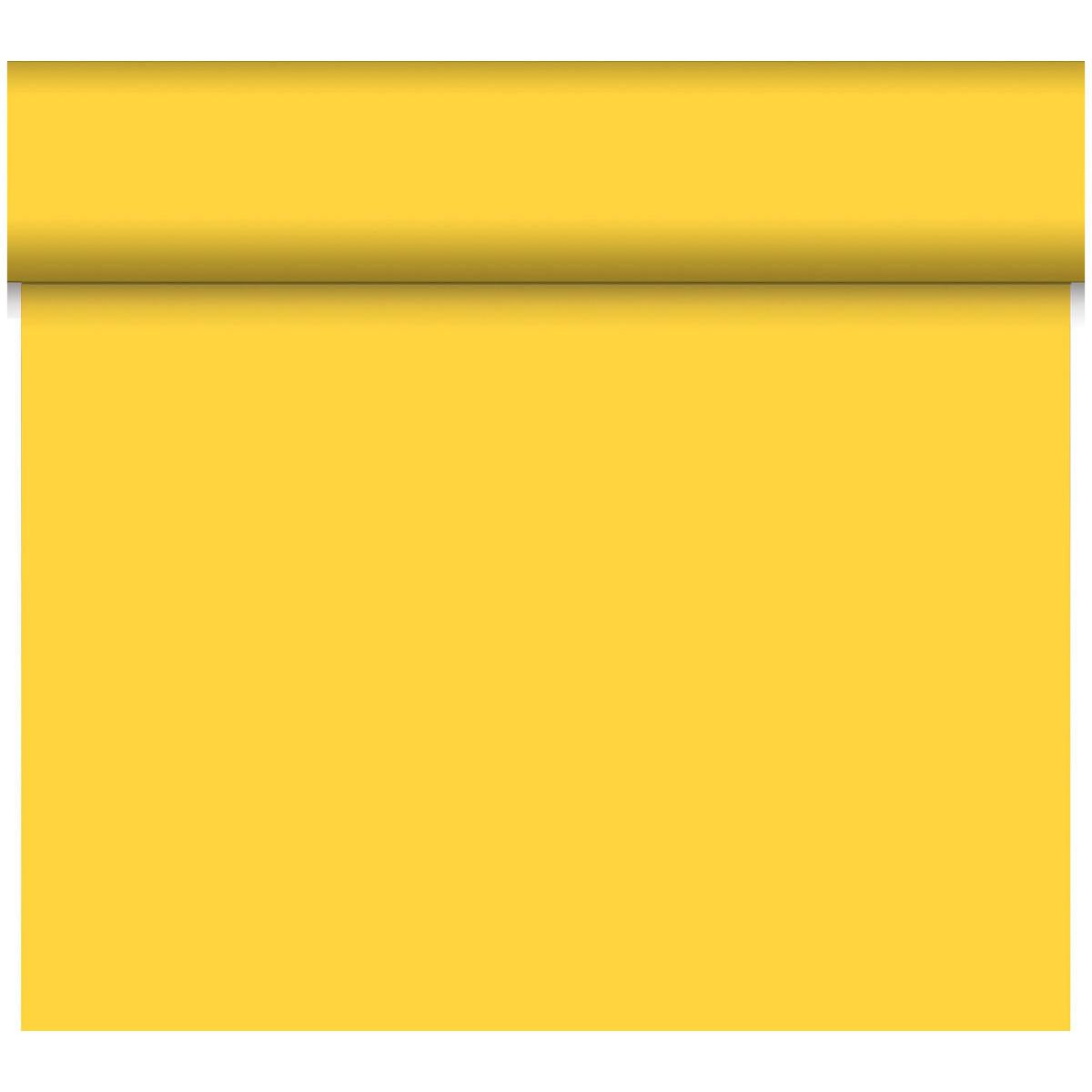 Eine teilweise ausgerollte gelbe Bio-DC-Tete a Tete 0,4x24m von Duni GmbH liegt vor einem unifarbenen Hintergrund, mit einer großen flachen Fläche in passendem Gelb aus biologisch abbaubarem Material.