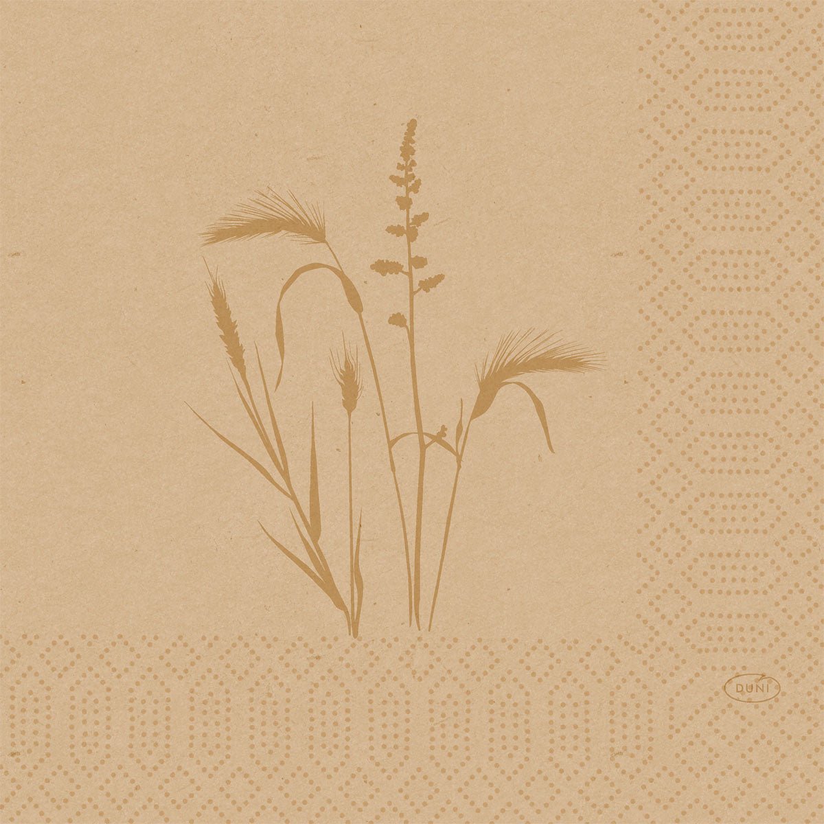 Duni GmbH Zellstoff ubrousky 33 cm 3vrstvé 1/4-skládání Meadow natural (50 kusů) jsou opatřeny přírodními travními a obilnými potisky, tečkovaným geometrickým okrajem a logem "Duni" v rohu, což zajišťuje dodatečnou přírodní estetiku.