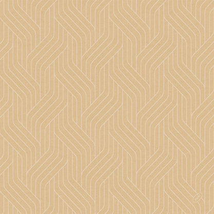 Světle hnědé pozadí s opakujícími se, vzájemně propletenými bílými chevronovými liniemi a malým kruhovým logem vpravo dole, které odráží udržitelný design inspirovaný Bio-Dunisoft-Serv. 40x40cm od Duni GmbH.