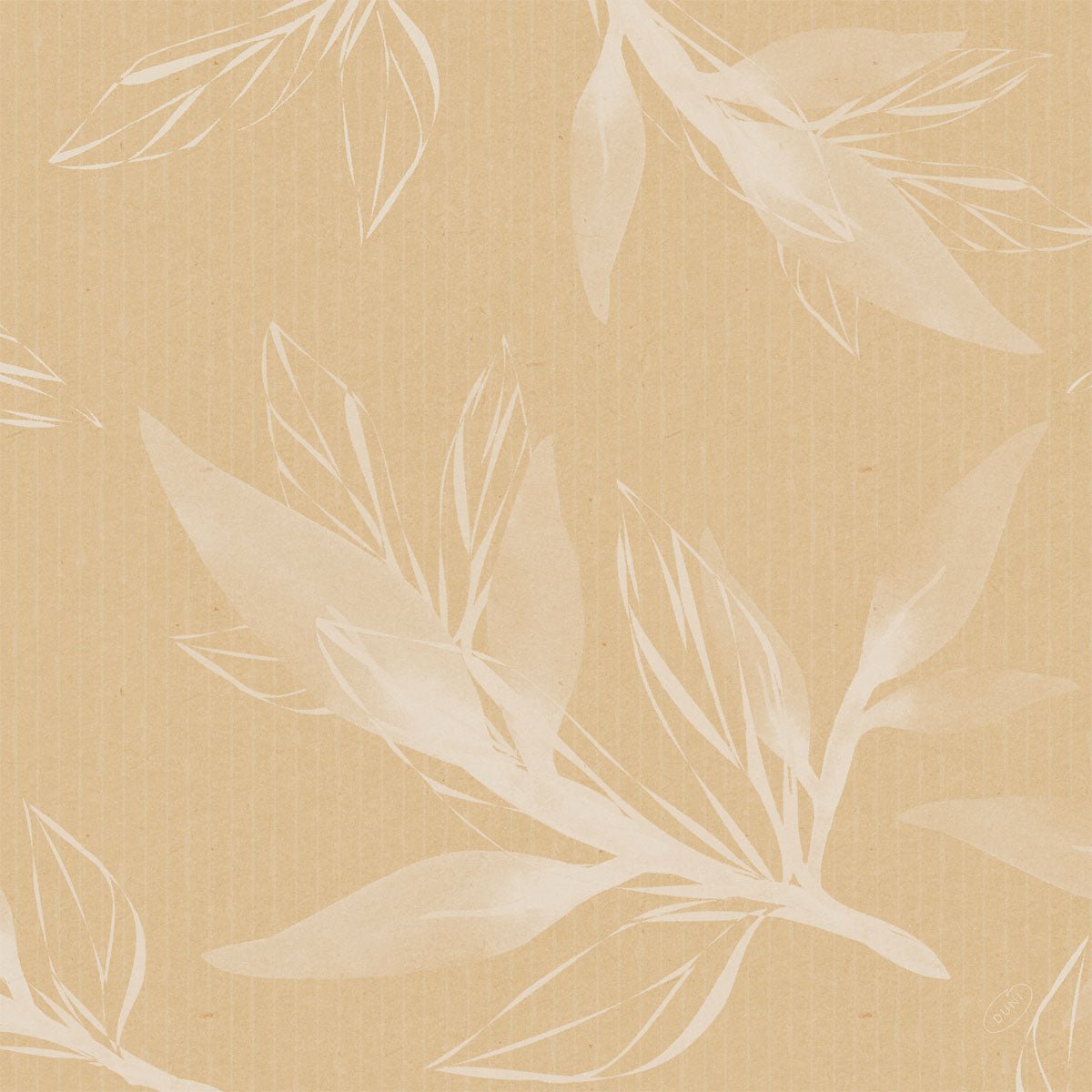 Světle hnědý Bio-Dunisoft-Serv. 40x40cm od Duni GmbH ukazuje jemnou vertikální pruhovou strukturu a bílé, poloprůhledné botanické ilustrace listů, které evokují jemný pocit bio bavlny a ekologickou estetiku.