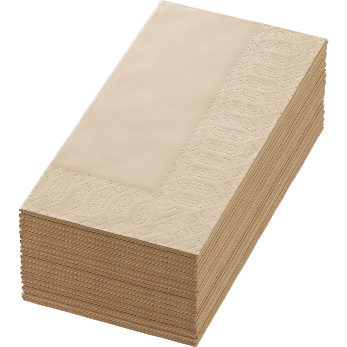 Čistě naskládaný stoh Duni GmbH Zellt.-Serv. 40x40 3lg 1/8 BF. přírodní hnědé ubrousky (balení 250 kusů) s texturovaným, vzorovaným okrajem je uspořádán na bílém pozadí.