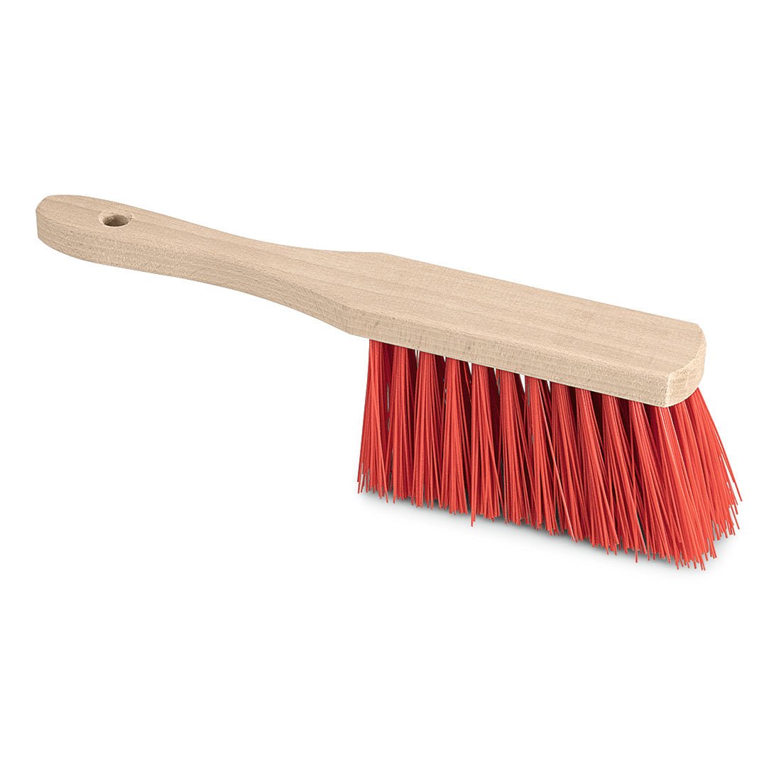 Průmyslový smeták Nölle Profi Brush Elaston červený, 28 cm s otvorem pro zavěšení od Nölle Profi Brush Bürsten- & Pinseltechnik e.K. se vyznačuje světlou dřevěnou rukojetí a červenými plastovými štětinami, zobrazený z bočního pohledu na bílém pozadí.