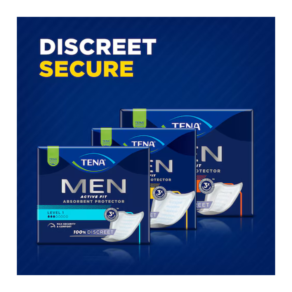 Drei Packungen Muster TENA Men Active Fit von TENA - Essity Germany GmbH sind auf blauem Hintergrund mit "Discreet Secure" in fetter gelber und weißer Schrift oben links abgebildet.