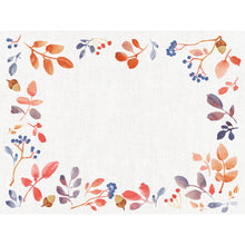 Ein rechteckiger weißer Hintergrund, umrahmt von aquarellartigen Herbstblättern, Beeren und Eicheln, bildet den Mittelpunkt - ideal für die Duni GmbH Bio-Dunicel-Sets 30x40 Autumn Gradient (Packung mit 100 Stück). Der mittlere Bereich ist frei gelassen.