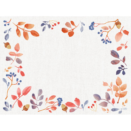 Ein rechteckiger weißer Hintergrund, umrahmt von aquarellartigen Herbstblättern, Beeren und Eicheln, bildet den Mittelpunkt - ideal für die Duni GmbH Bio-Dunicel-Sets 30x40 Autumn Gradient (Packung mit 100 Stück). Der mittlere Bereich ist frei gelassen.