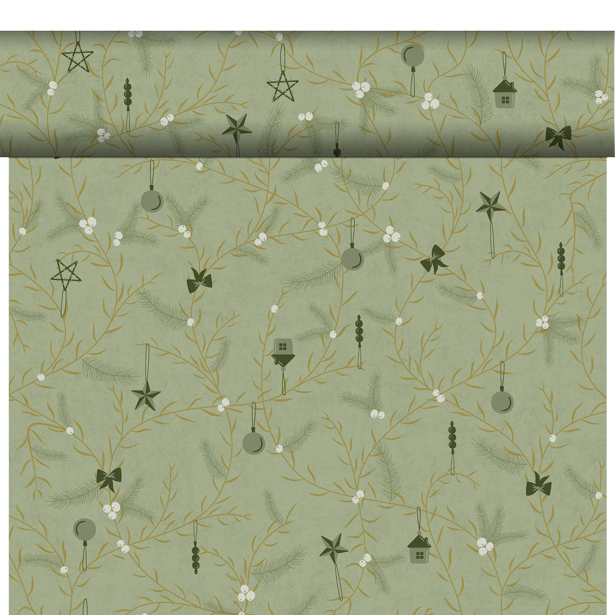 Eine Rolle grünes Geschenkpapier mit goldenen Zweigen, weißen Beeren, Tannennadeln und Ornamenten - perfekt zu kombinieren mit dem Bio-Dunicel-Tete a Tete 0,4x24m von Duni GmbH für eine umweltfreundliche Weihnachtsfeier.