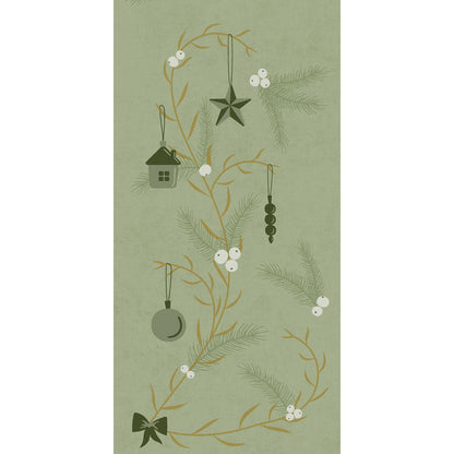 Vertikální vzor z jedlových větví s bílými bobulemi a zelenými ornamenty zdobí Bio-Dunisoft ubrousky 40x40cm 1/8F od Duni GmbH a dodává prostřenému zelenému pozadí slavnostní nádech.