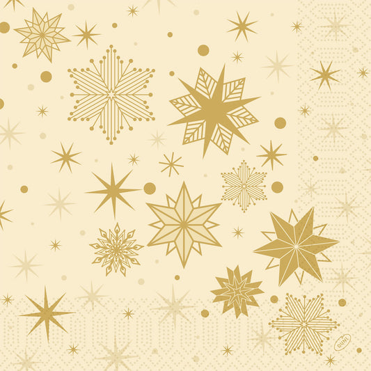 Ein gold-beige gemusterter Hintergrund mit verschiedenen goldenen Stern- und Schneeflockenformen, inspiriert von Duni GmbH Servietten 40x40 3lagig 1/4 Stargazing cream (250 Stück), mit Punkten und geometrischen Akzenten.