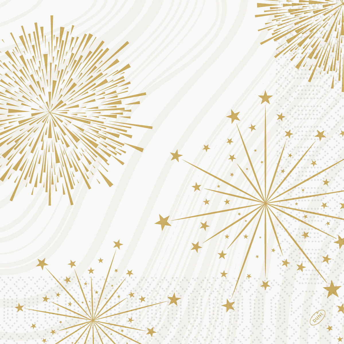 Verleihen Sie jeder Feier Eleganz mit den Duni GmbH Servietten 40x40 3-lagig 1/4 Sparkly white. Diese 250 Servietten mit goldenen Sternen und Feuerwerk auf weißem Hintergrund bringen festlichen Stil auf Ihren Tisch.