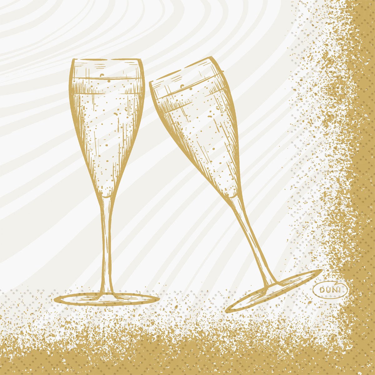 Dvě sektové flétny naplněné šampaňským cinkají v této zlatobílé ilustraci pro Duni GmbH ubrousky 24x24 3vrstvé 1/4 Sparkly Cheers white (balení 50 kusů), orámované posetým zlatým okrajem - perfektní pro slavnostní okamžiky.