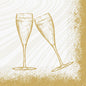 Dvě sektové flétny naplněné šampaňským cinkají v této zlatobílé ilustraci pro Duni GmbH ubrousky 24x24 3vrstvé 1/4 Sparkly Cheers white (balení 50 kusů), orámované posetým zlatým okrajem - perfektní pro slavnostní okamžiky.