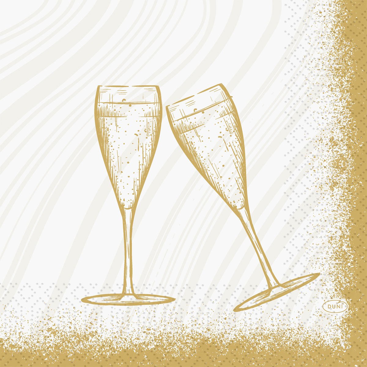 Jednoduchá zlatá kresba dvou sklenic na sekt na bílém pozadí se zlatými skvrnami - ideální pro ubrousky Duni GmbH 33 3-vrstvé 1/4 Sparkly Cheers bílé (50 kusů) pro stylové večírky nebo oslavy.