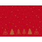 Ein festlicher roter Hintergrund mit goldenen Sternen, Schneeflocken und sechs goldenen Bäumen im Shimmer Trees Design - perfekt für die Bio-Dunicel-Sets 30x40 Shimmer Trees | Packung (100 Stück) der Duni GmbH.