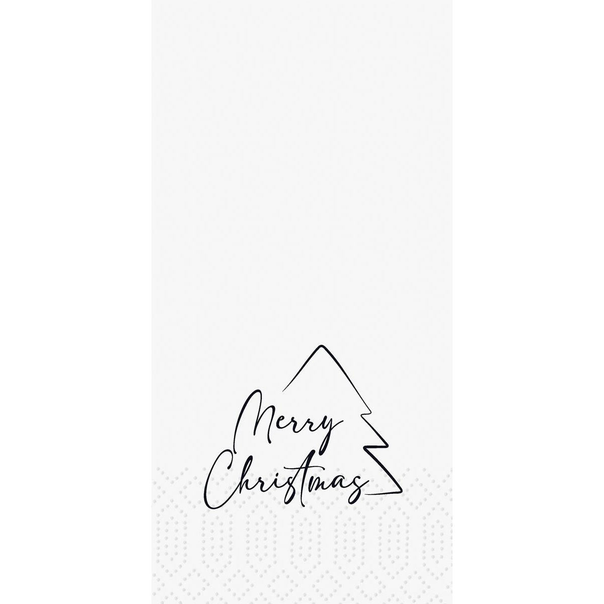 Minimalistický design s vánočním stromkem s černým okrajem a nápisem „Frohe Weihnachten“ psaným kurzívou na bílém tečkovaném pozadí – ideální pro ubrousky Duni GmbH 33×33, dvouvrstvé, 1/8 Merry Xmas Tree, balení (300 kusů).