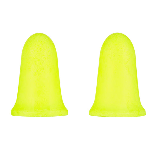 Ein Paar 3M™ E-A-Rsoft™ FX™ gelbe Gehörschutzstöpsel aus weichem Polyurethanschaum (SNR 37 dB), nebeneinander auf weißem Hintergrund dargestellt. Marke: 3M Deutschland GmbH. Packung mit 5 Paar.