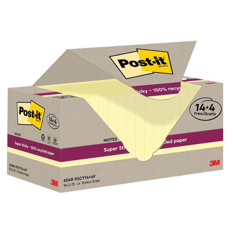 Krabice Post-it® Super Sticky 100% recyklovaných poznámkových bloků od 3M Deutschland GmbH obsahuje 18 bloků (76x76 mm, každý po 70 listech) s nabídkou 14+4 zdarma. Vyrobeno z PEFC-certifikovaného recyklovaného papíru. Krabice ukazuje žluté lístky uvnitř.