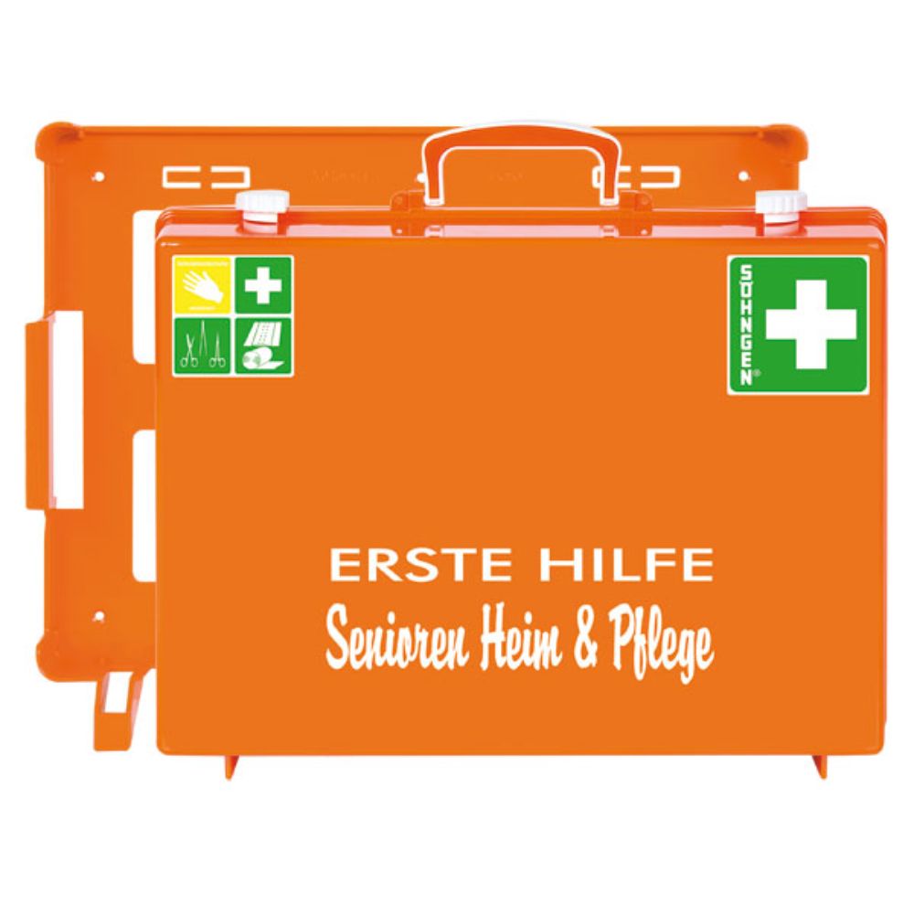 Oranžová lékárnička Senior Home a Care MT-CD od W. Söhngen GmbH je sada první pomoci se zelenými kříži, bílým nápisem "PRVNÍ POMOC Senior Home & Care" a obvazy Aluderm® pro bezpečnost v domově seniorů a pečovatelském domě. Balení (1 kus).