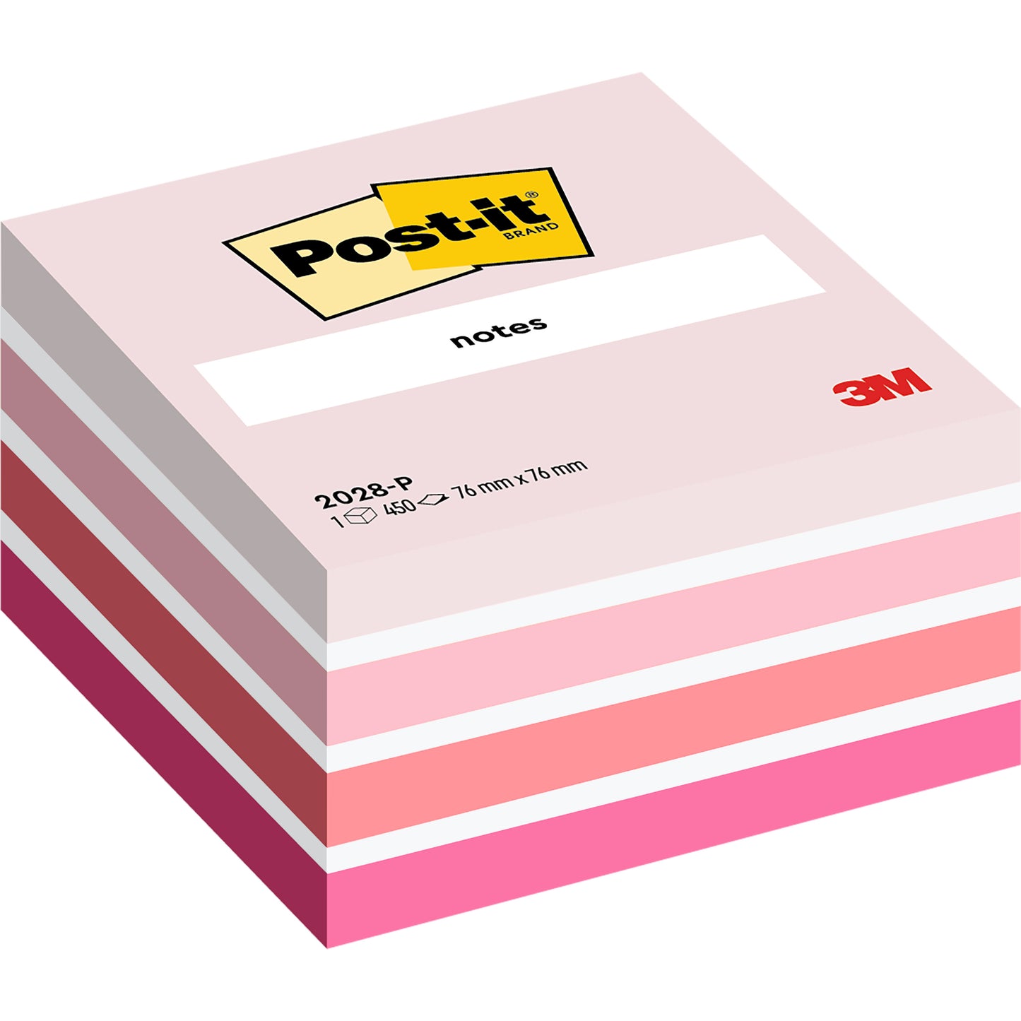 Ein Stapel 3M Post-it® Notes Würfel, 76 x 76 mm, 450 Blatt pro Block, in Rosatönen mit dem 3M-Logo und "notes" auf der Oberseite; hergestellt von 3M Deutschland GmbH, 100% PEFC-zertifiziert.