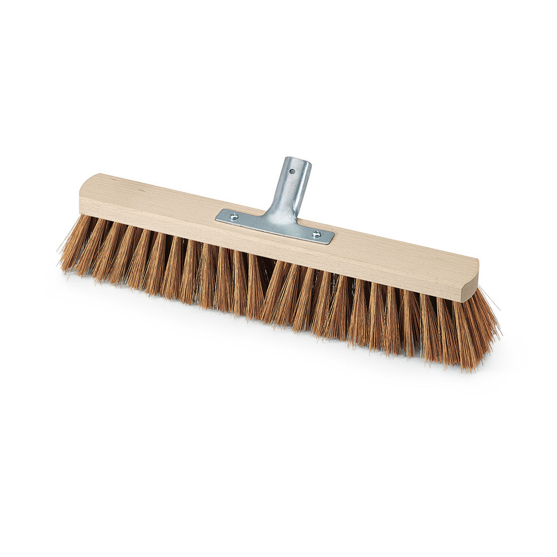 Der Nölle Profi Brush Saalbesen Poly-Kokos mit Metallstielhalter von Nölle Profi Brush Bürsten- & Pinseltechnik e.K. hat steife braune Borsten, einen hellen Holzblock und einen Metallstielhalter, abgebildet auf weißem Hintergrund.