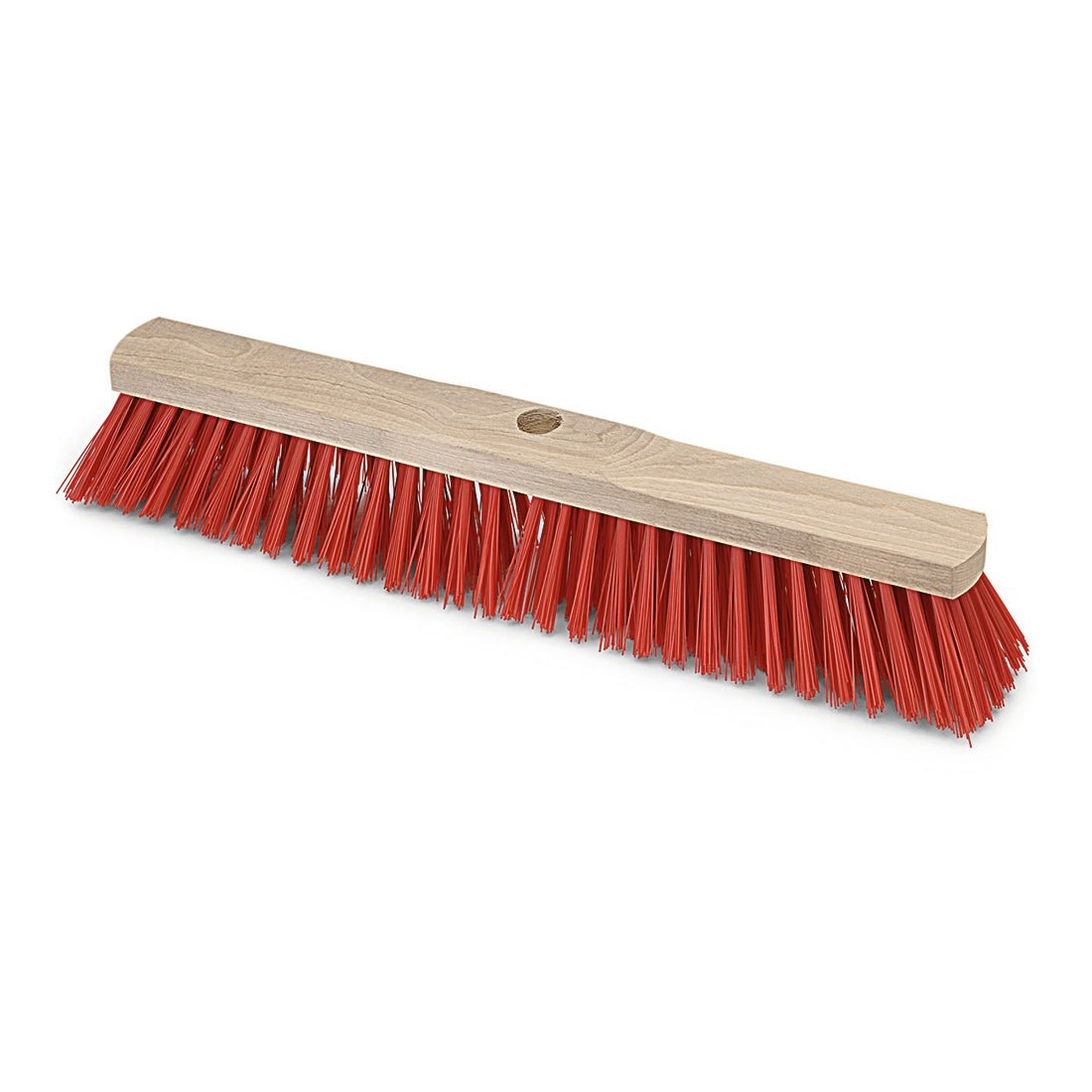 Hlava koštěte Nölle Profi Brush Saalbesen Elaston Sattelholz s otvorem pro rukojeť od Nölle Profi Brush Bürsten- & Pinseltechnik e.K. má červené elastonové štětiny a je vhodná pro použití uvnitř i venku, zde bez rukojeti na bílém pozadí.
