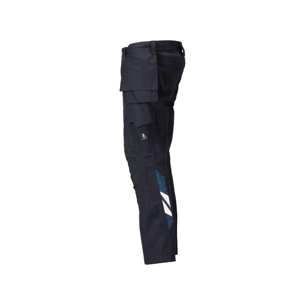 Kalhoty s kapsami na zavěšení, kalhoty se strečovými vsadkami, černo-modré