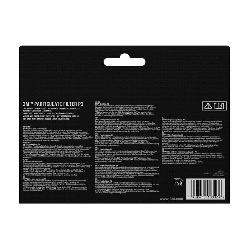 Zadní strana balení 3M™ částicového filtru 5925, P2, 10 párů/balení (3M Deutschland GmbH) s informacemi o produktu, pokyny a bezpečnostními upozorněními - jako ochrana před prachem - v několika jazycích na černém pozadí. Čárový kód a recyklační symboly vpravo dole.