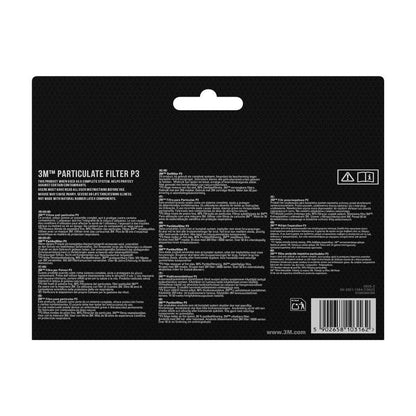 Zadní strana balení 3M™ částicového filtru 5925, P2, 10 párů/balení (3M Deutschland GmbH) s informacemi o produktu, pokyny a bezpečnostními upozorněními - jako ochrana před prachem - v několika jazycích na černém pozadí. Čárový kód a recyklační symboly vpravo dole.