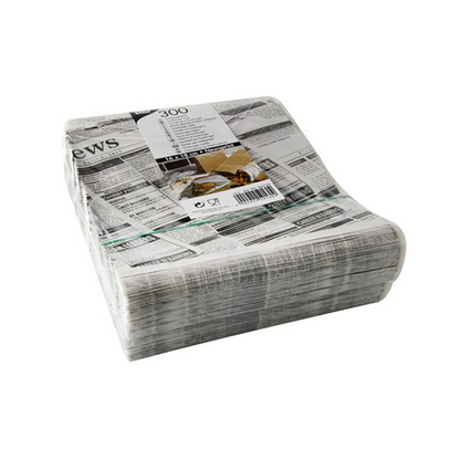 Zabalené balení s 300 PAPSTAR hamburgerovými sáčky "Newsprint", odolnými proti tuku (16x18 cm) od PAPSTAR GmbH, v černobílém designu novinového papíru s informacemi o produktu a čárovým kódem, ideální jako náhrada pergamenu na balení burgerů.