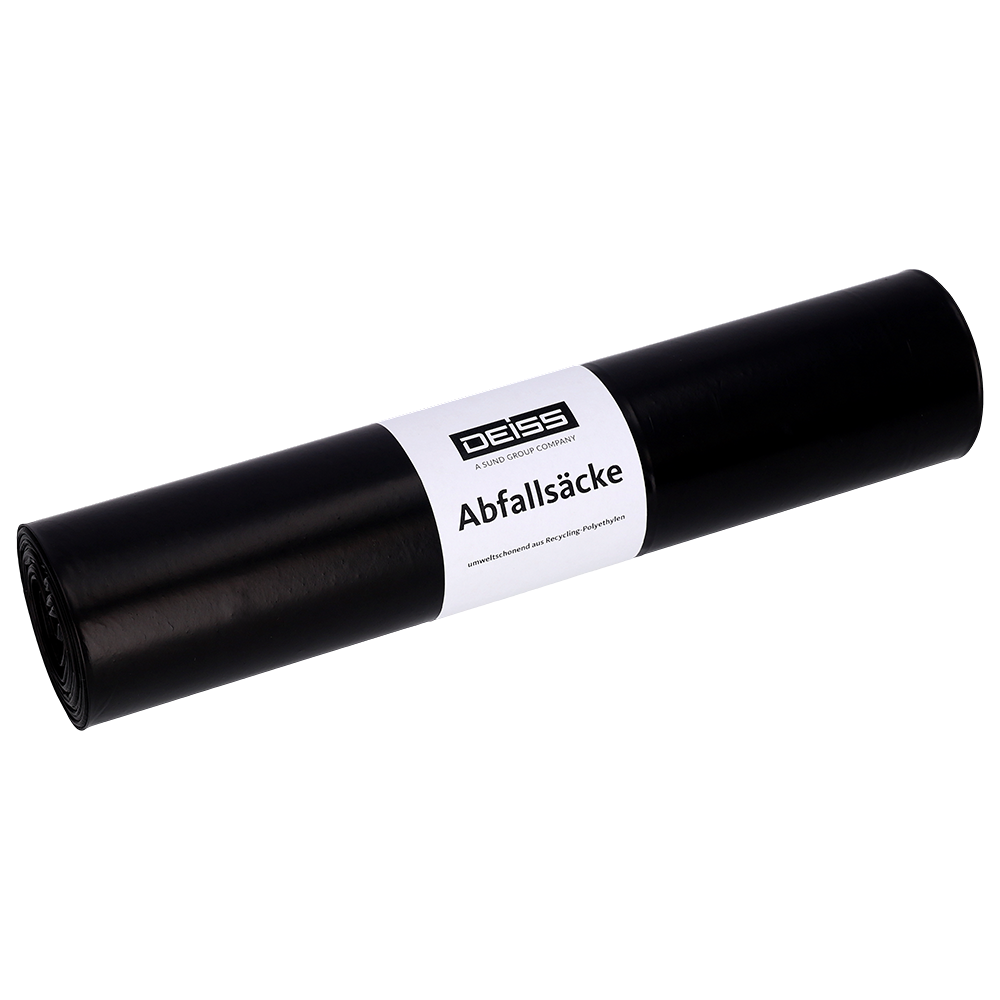 Černá role pytlů na odpadky DEISS 25709 (25 kusů, 575x1000 mm) od společnosti EMIL DEISS KG (GmbH + Co.) s bílou etiketou stojí na jednobarevném světle šedém pozadí - ideální pro efektivní řešení správy odpadu a balení.