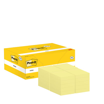 Na obrázku je žlutý propagační balíček lepicích bločků Post-it® od 3M Deutschland GmbH s 16 bloky plus 4 zdarma (38 mm x 51 mm, 100 listů na blok), certifikovaný PEFC, s lepicími bločky na přední straně.