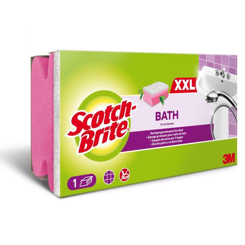 Balíček Scotch-Brite® Bath Griffschwamm XXL pro koupelnu (1 kus) od 3M Deutschland GmbH, zobrazený s růžovo-bílou koupelovou houbičkou, detaily produktu, symboly použití, zeleno-fialovým obalem a logem 3M vpravo dole.