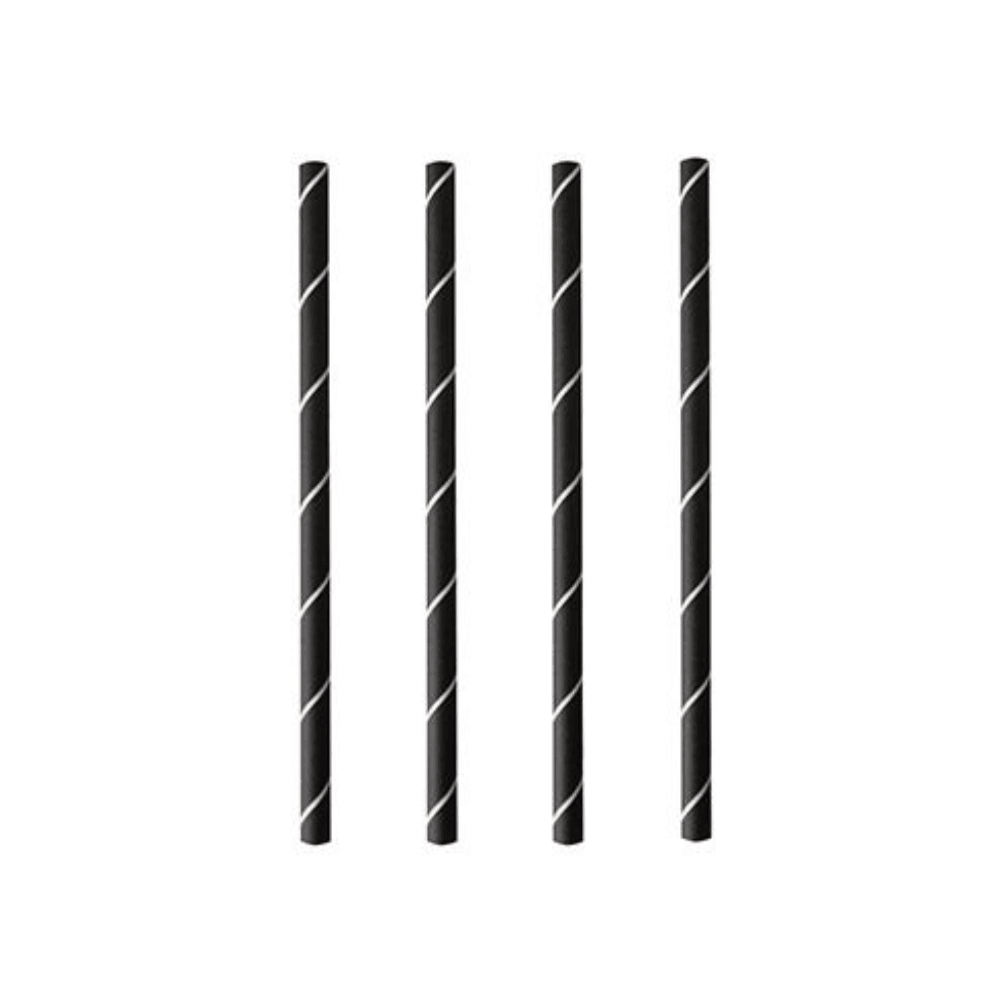 Čtyři PAPSTAR koktejlová brčka 7 mm, černá/bílá "Stripes", 15 cm (250 kusů) od PAPSTAR GmbH jsou svisle uspořádána na bílém pozadí a zvýrazňují tyto stylové a ekologické papírové brčka.