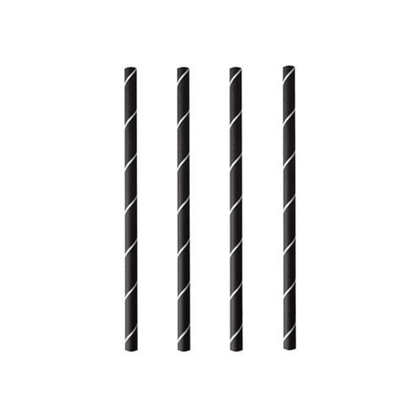 Čtyři PAPSTAR koktejlová brčka 7 mm, černá/bílá "Stripes", 15 cm (250 kusů) od PAPSTAR GmbH jsou svisle uspořádána na bílém pozadí a zvýrazňují tyto stylové a ekologické papírové brčka.