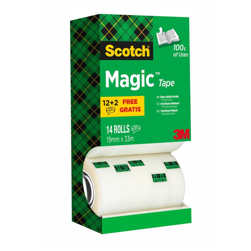 Zelená krabička Scotch® Magic™ Neviditelná páska od 3M (balíček: 14 rolí, 19 mm x 33 m, 1 kus), označená "12+2 zdarma". Použití pásky je ukázáno; čtyři role jsou částečně viditelné skrze otvor.