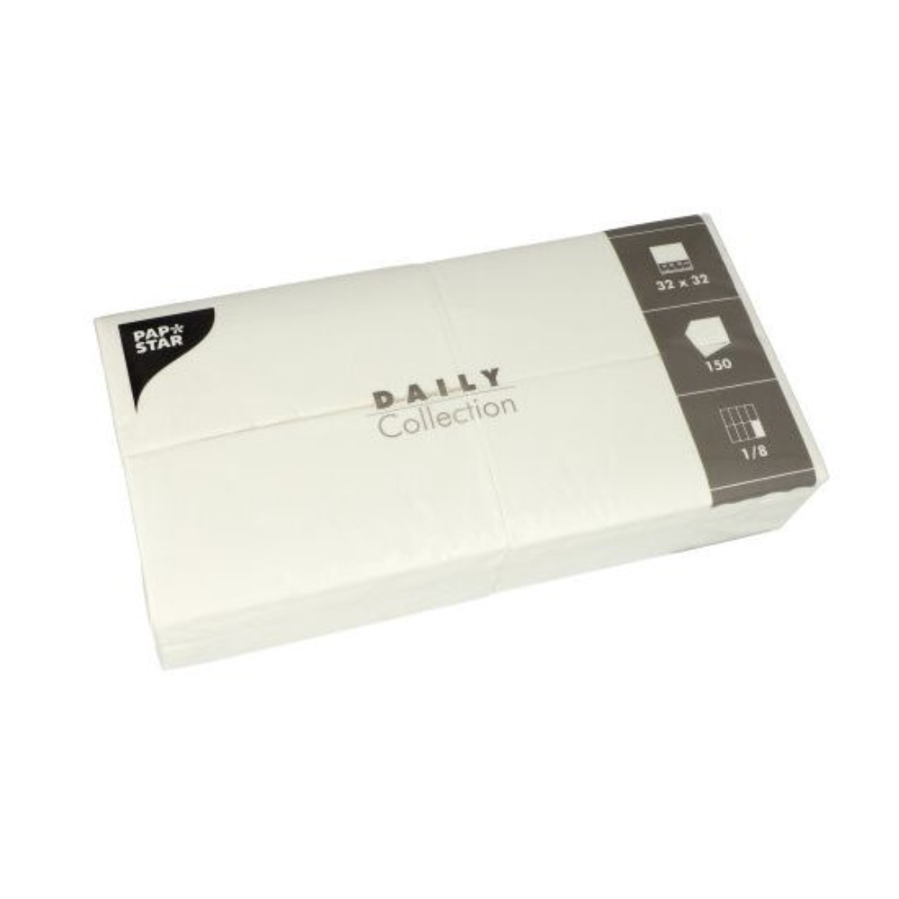 Bílé balení ubrousků „DAILY Collection“ od PAPSTAR GmbH obsahuje 150 ubrousků s rozměry 32 x 32 cm, ideální pro vylepšení vaší stolní dekorace. Na obalu je uvedeno, že ubrousky jsou složené na osminy.