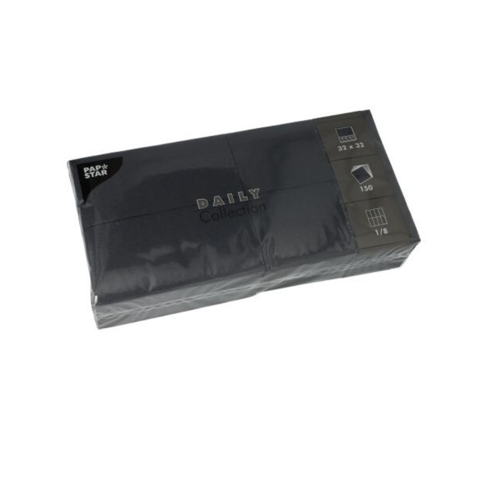 Elegantní černý balíček PAPSTAR ubrousků „DAILY Collection“ od PAPSTAR GmbH je ideální pro vaši stolní dekoraci. Se 150 ubrousky v praktickém formátu 32 x 32 cm a elegantním 1/8-skladem nabízejí jak styl, tak udržitelný komfort pro každou příležitost.