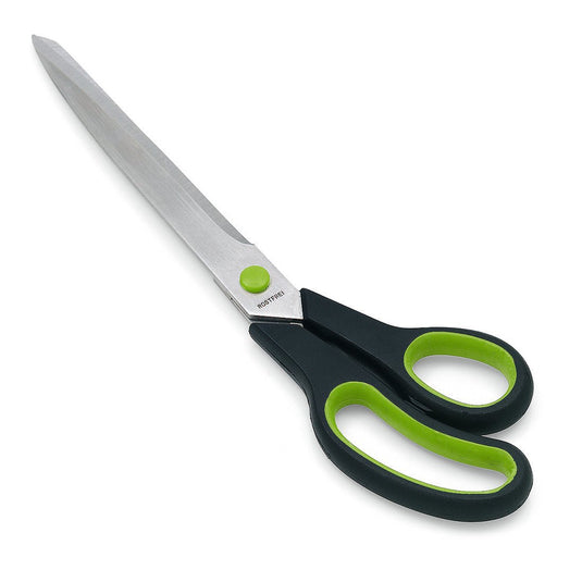 Nůžky na tapety Nölle Profi Brush 2K11 s nerezovými ocelovými čepelemi a černo-zelenými ergonomickými rukojeťmi zajišťují přesné řezy; zobrazeno na bílém pozadí. Značka: Nölle Profi Brush Bürsten- & Pinseltechnik e.K.