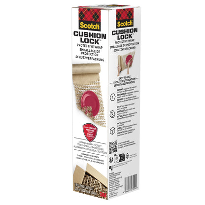 Eine Schachtel Scotch™ Cushion Lock™ Schutzverpackung (30,4 cm x 9,14 m, 1 Rolle) der 3M Deutschland GmbH wird aufrecht stehend mit Branding und mehrsprachigem Text gezeigt, der den Luftkissenschutz für empfindliche Gegenstände hervorhebt.