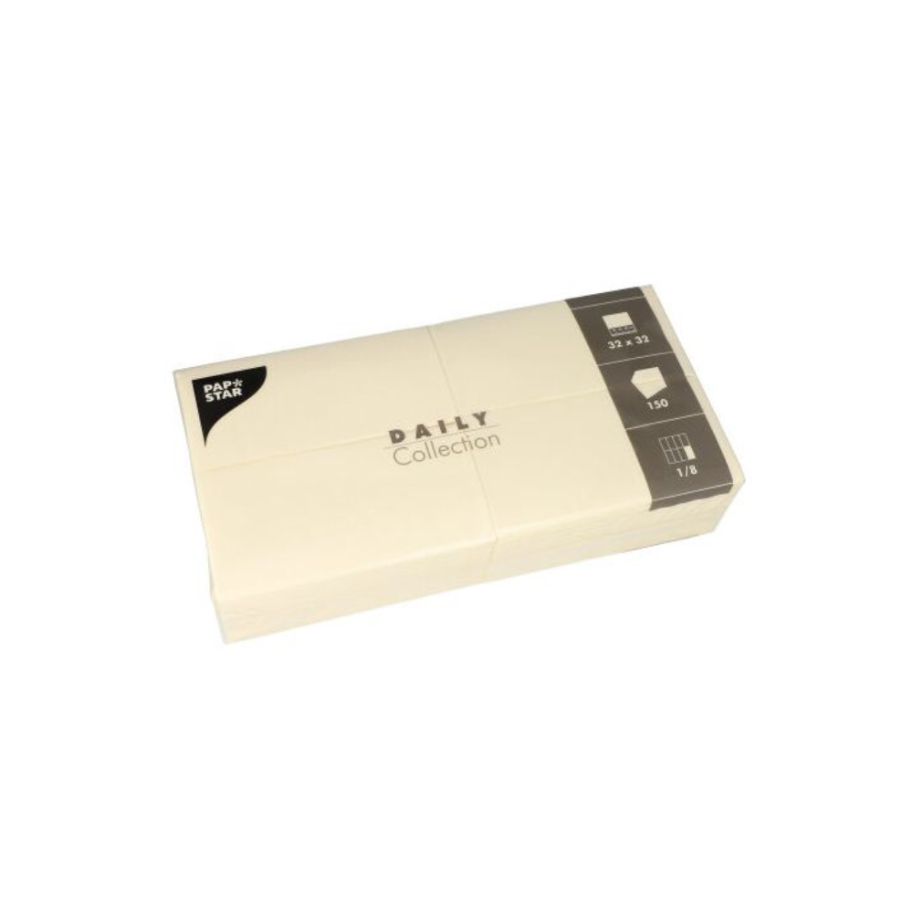 Balení béžových papírových ubrousků, ideální pro stolní dekoraci, s označením "DAILY Collection" od PAPSTAR GmbH. Balení obsahuje symboly, které označují rozměry (32 x 32 cm), množství (150) a typ skládání (1/8), takže získáte jak stylové ubrousky, tak udržitelný komfort pro vaše setkání.