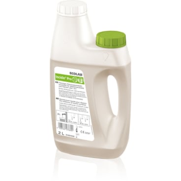2litrová láhev přípravku Ecolab Incidin Pro s držadlem, bílým a zeleným uzávěrem na protilehlých stranách a bílou etiketou s údaji o výrobku a bezpečnostními symboly.