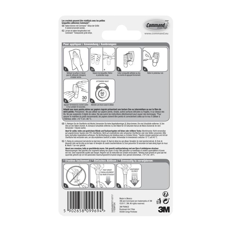 Zadní strana balení Command™ Mini-Háčku, 17006 od 3M Deutschland GmbH s vícejazyčným návodem, diagramy pro montáž bez nářadí, použití lepicích proužků, varovnými upozorněními, detaily produktu, čárovým kódem - odstranitelný bez zbytků.