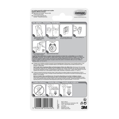 Zadní strana balení Command™ Mini-Háčku, 17006 od 3M Deutschland GmbH s vícejazyčným návodem, diagramy pro montáž bez nářadí, použití lepicích proužků, varovnými upozorněními, detaily produktu, čárovým kódem - odstranitelný bez zbytků.