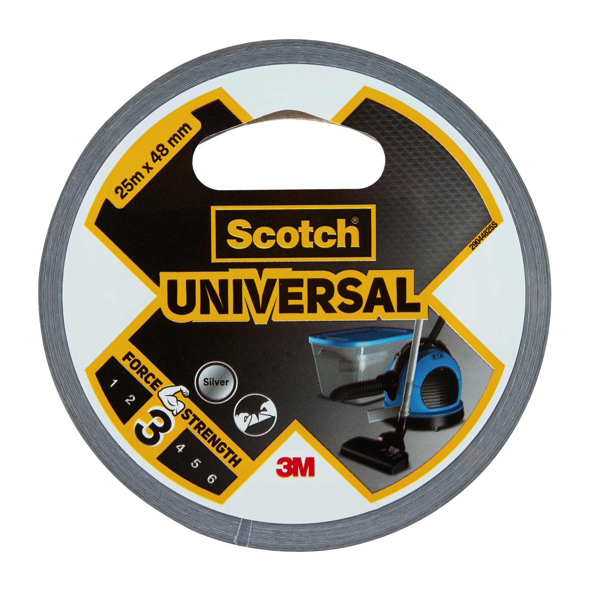 Eine Rolle Scotch® Universal-Klebeband 2904, 25 m x 48 mm von 3M Deutschland GmbH, silberfarben mit einer Kraftstärke von 3/6. Die Verpackung zeigt die Symbole eines Staubsaugers und eines Ventilators sowie sichtbare Logos von Scotch und 3M.