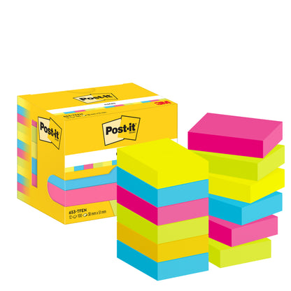 Balení 3M Deutschland GmbH Post-it® Notes, Energetic Collection, 38x51 mm, 100 listů/blok, 12 bloků/balení v krabici s certifikací PEFC - ideální pro organizaci kanceláře v zářivých barvách a opatřeno ochrannou známkou.