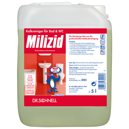 Ein 5-Liter-Gebinde von Dr. Schnell MILIZID KALKREINIGER der DR.SCHNELL GmbH & Co. KGaA, mit einem deutschen Etikett, das Badarmaturen und einen Cartoon-Pinguin zeigt, der die Produktflasche hält.