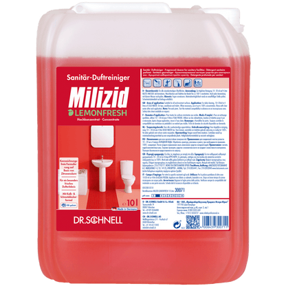 Desetilitrový kontejner Dr. Schnell MILIZID LEMONFRESH od DR.SCHNELL GmbH & Co. KGaA, silného koncentrátu na čištění sanitárních zařízení s citronovou vůní, má červenou etiketu s informacemi o produktu a obrázky toalety a umyvadla.