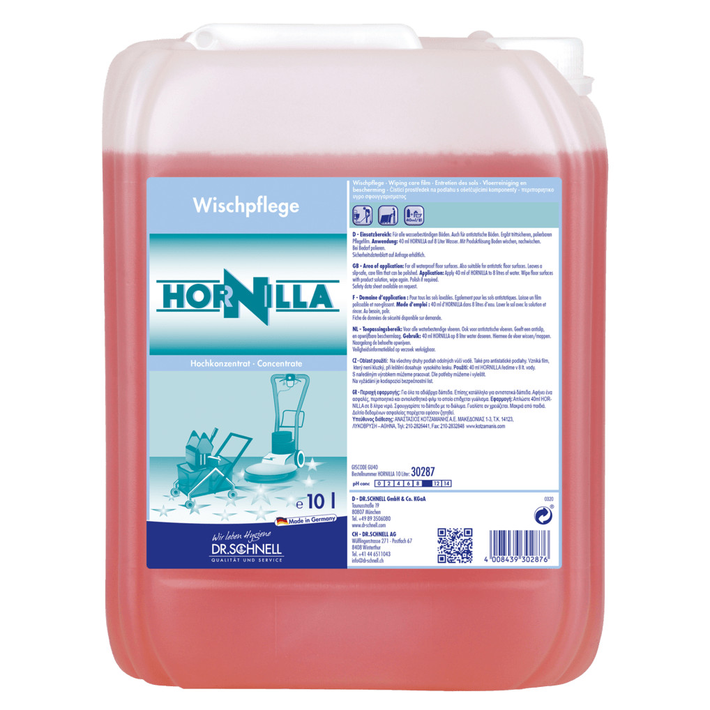 Desetilitrový kontejner Dr. Schnell HORNILLA od DR.SCHNELL GmbH & Co. KGaA, naplněný červenou tekutinou. Německý štítek ukazuje údaje o produktu, návody k použití a bezpečnostní symboly pro silné čištění.